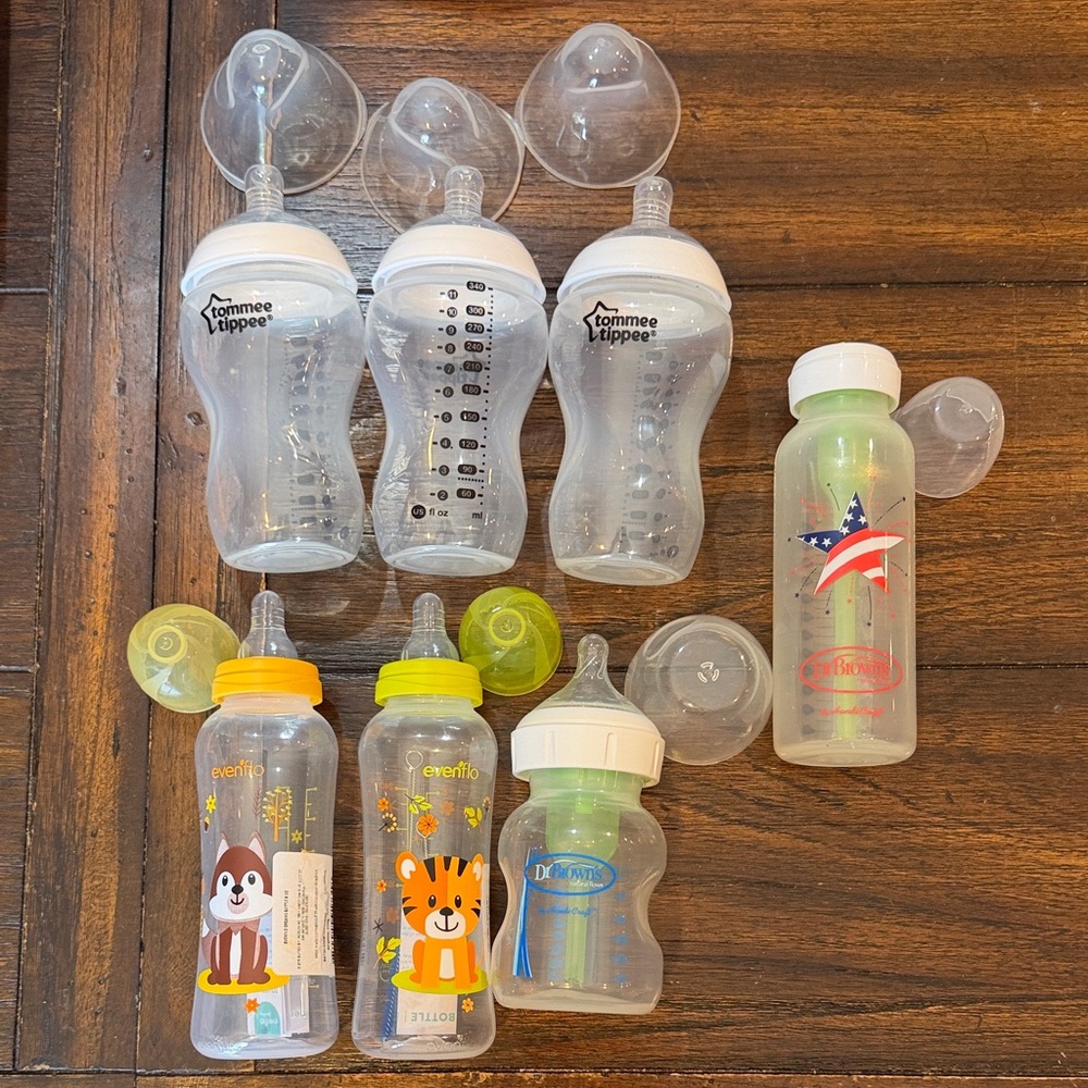 Tommee Tippee & Assorted Baby Bottles - Clear, White, Green, Yellow